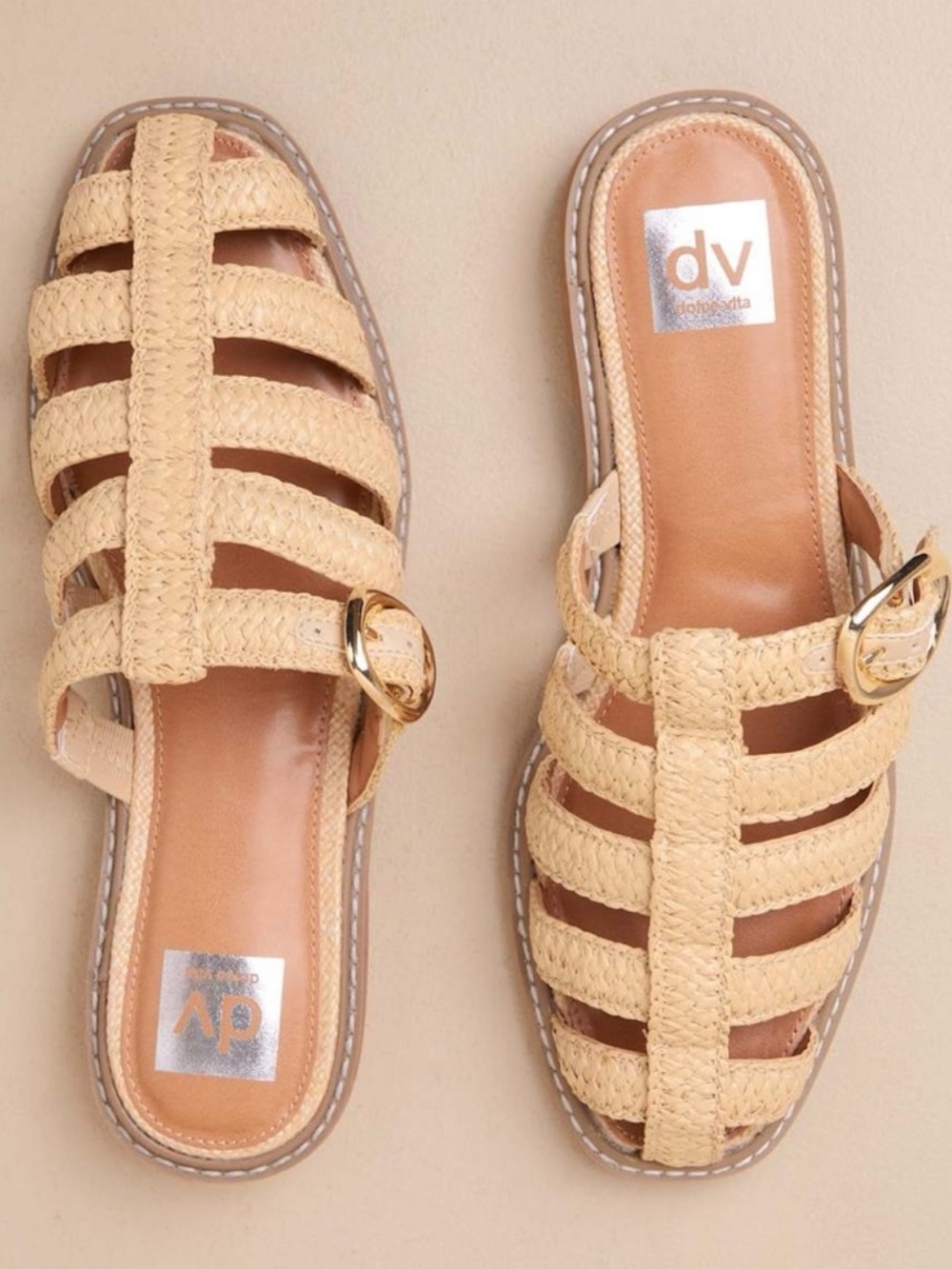 DV by Dolce Vita Beige Raffia Mule Slide Sandals with Gold Buckle